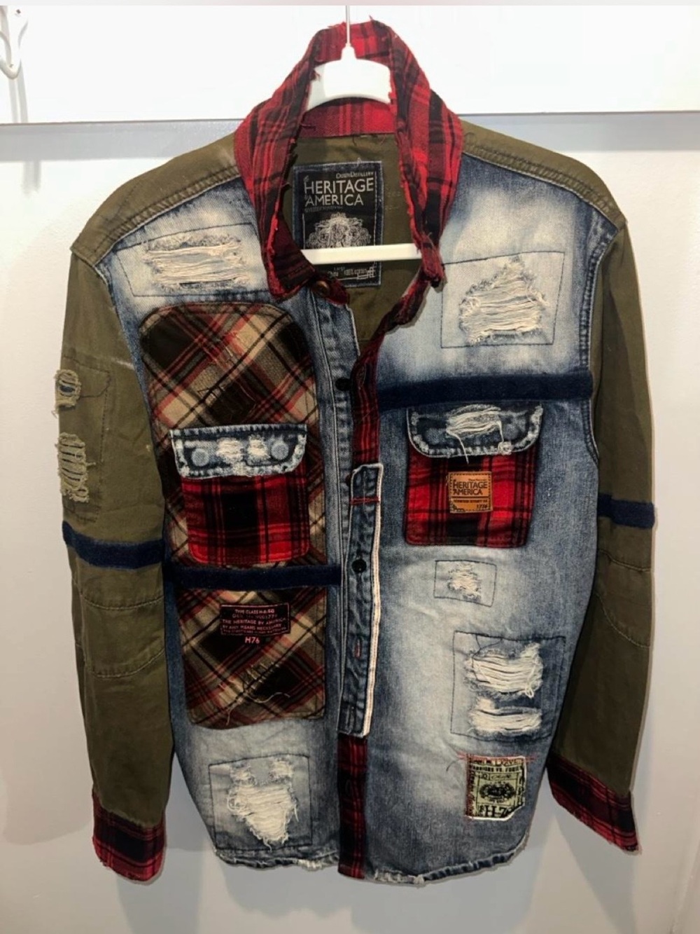 Heritage America Men's Mixed-Media Plaid & Denim Shirt Jacket - Olive/Red/Blue